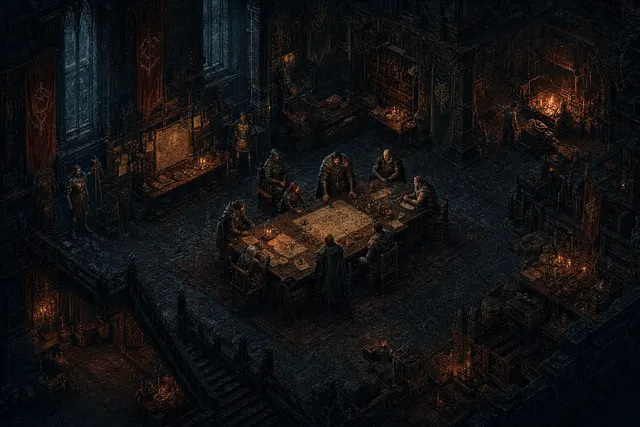 A persistent dark-fantasy clan coordinates around a guild-hall planning table