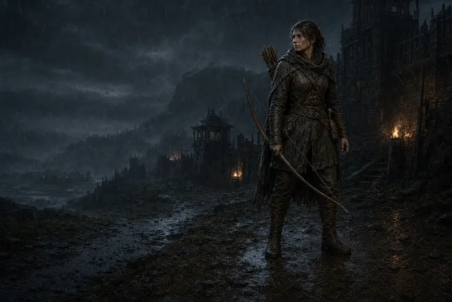 A grounded adult Archer carrying a plain wooden bow and quiver at the rain-dark edge of a fortified settlement.