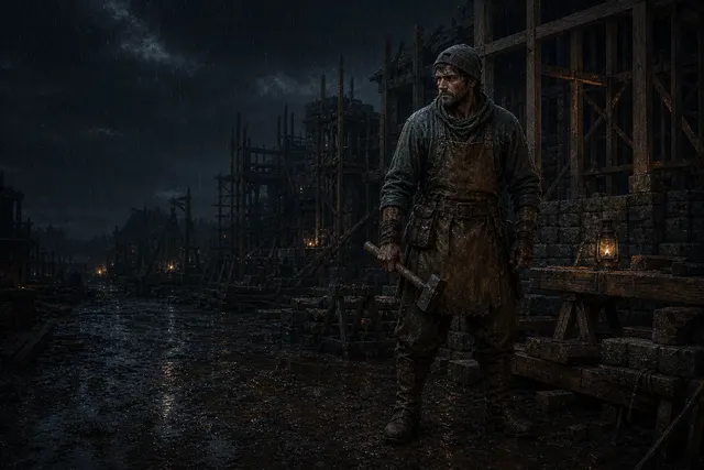 A grounded adult Builder carrying a practical hammer among rain-soaked timber framing and stone foundations.