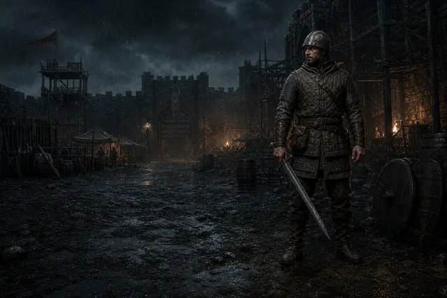 A grounded adult Fighter carrying a basic sword and wearing a practical iron helmet in a rain-soaked guard yard.