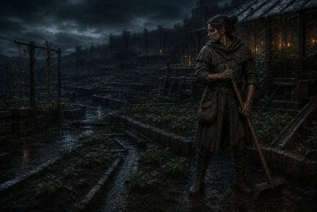 A grounded adult Harvester carrying a farming hoe and seed pouch among rain-dark settlement growing plots.