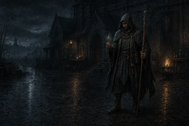 A grounded adult Wizard carrying a plain staff and modest ritual focus in a rain-dark stone courtyard.