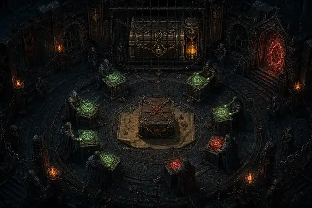 A guild and town council coordinates shared assets, contracts, escrow, and member decisions