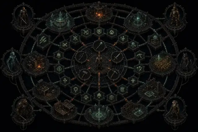 A dark radial system diagram connecting characters, starter equipment, skills, and professions