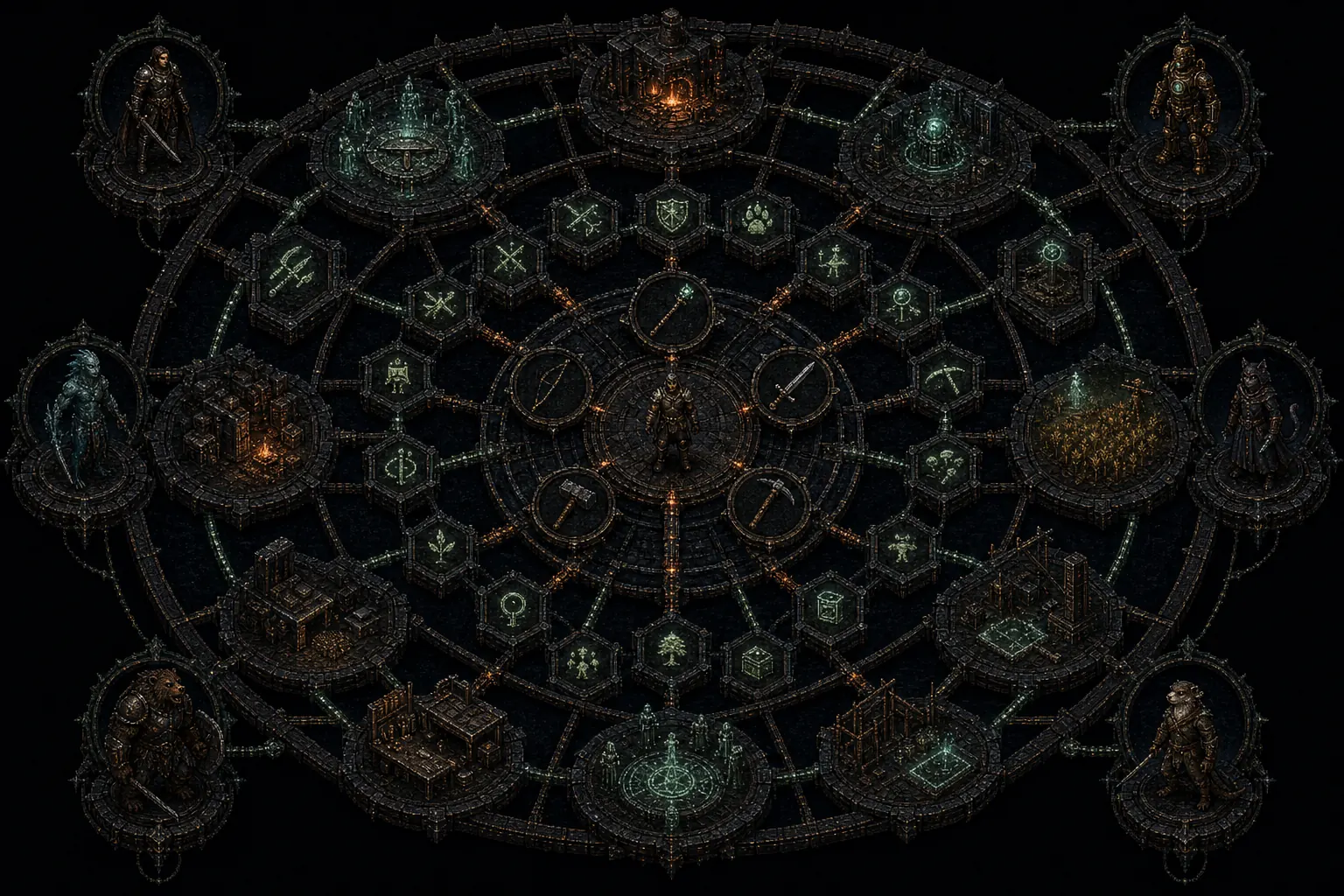 A radial dark fantasy diagram connecting character identity, starter equipment, independent skills, specializations, and player service stations