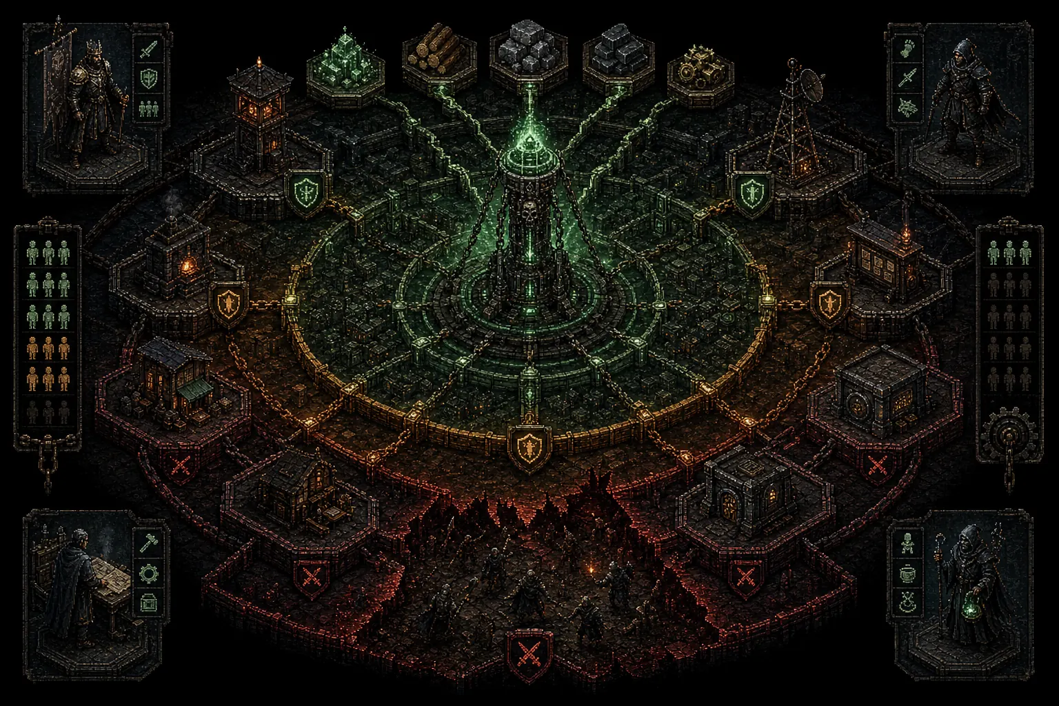 A radial dark fantasy territory diagram with four conquest roles, a resource-fed central totem, protection states, service buildings, membership capacity, and a vulnerable breached edge