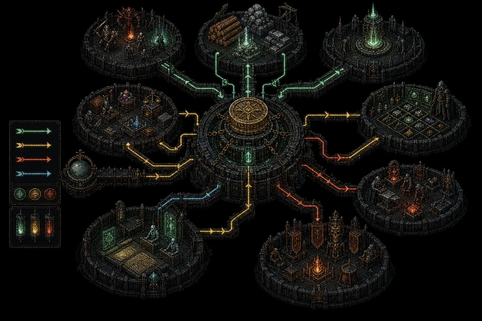 A radial dark fantasy economy diagram connecting combat rewards, gathered resources, project token release, player wallets, markets, minting, settlement upkeep, external exchange, and ledgers