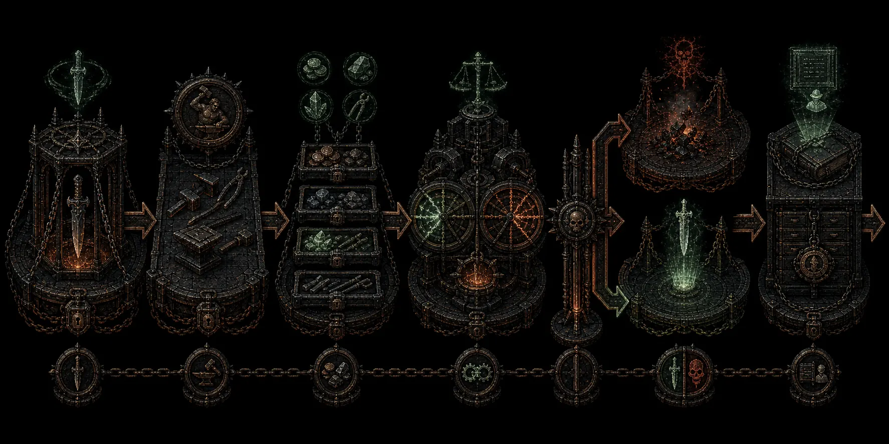 A six-stage dark fantasy engineering diagram showing a sealed dagger, specialist selection, escrowed inputs, committed randomness, catastrophic failure or success, and final provenance