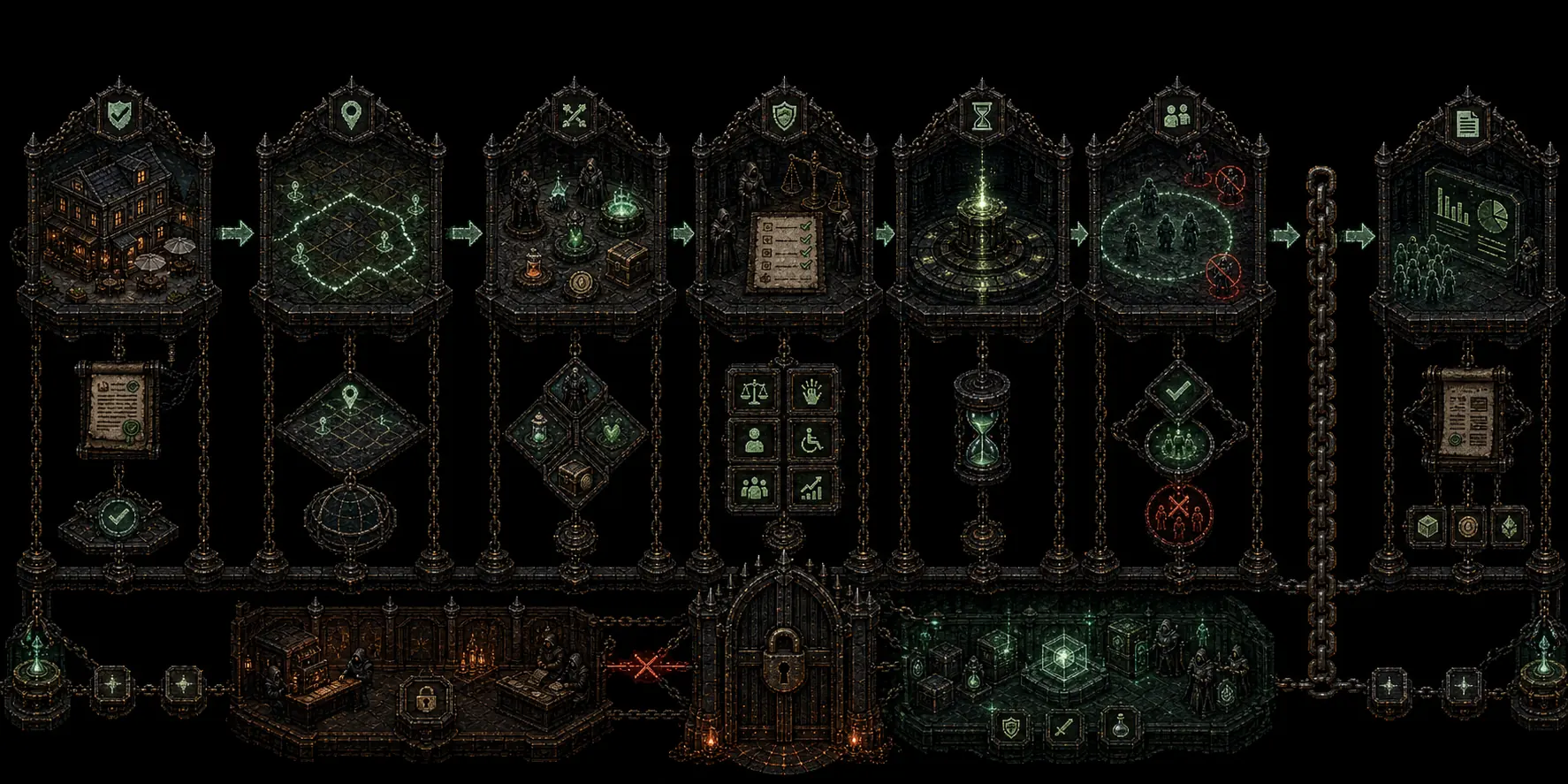 A guarded dark fantasy operations diagram connecting venue verification, geofencing, approved content design, safety review, timed activation, player eligibility, server rewards, and privacy-safe reporting