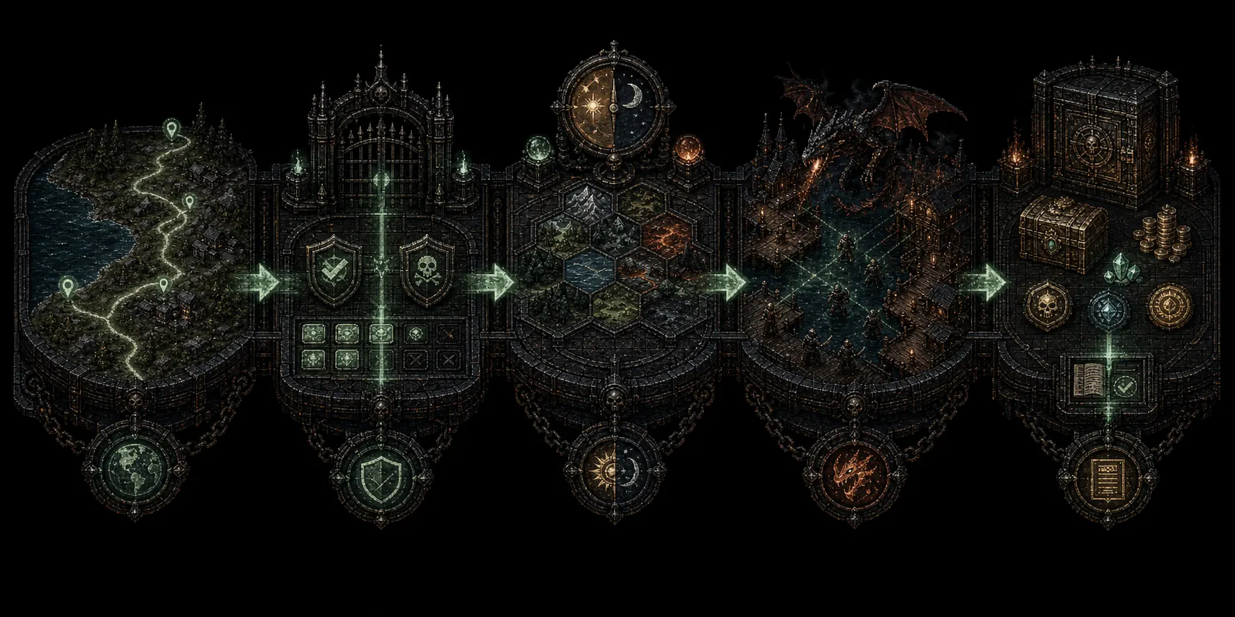 A five-stage dark fantasy diagram showing map context, safety validation, regional modifiers, a live dockside dragon encounter, and reconciled rewards