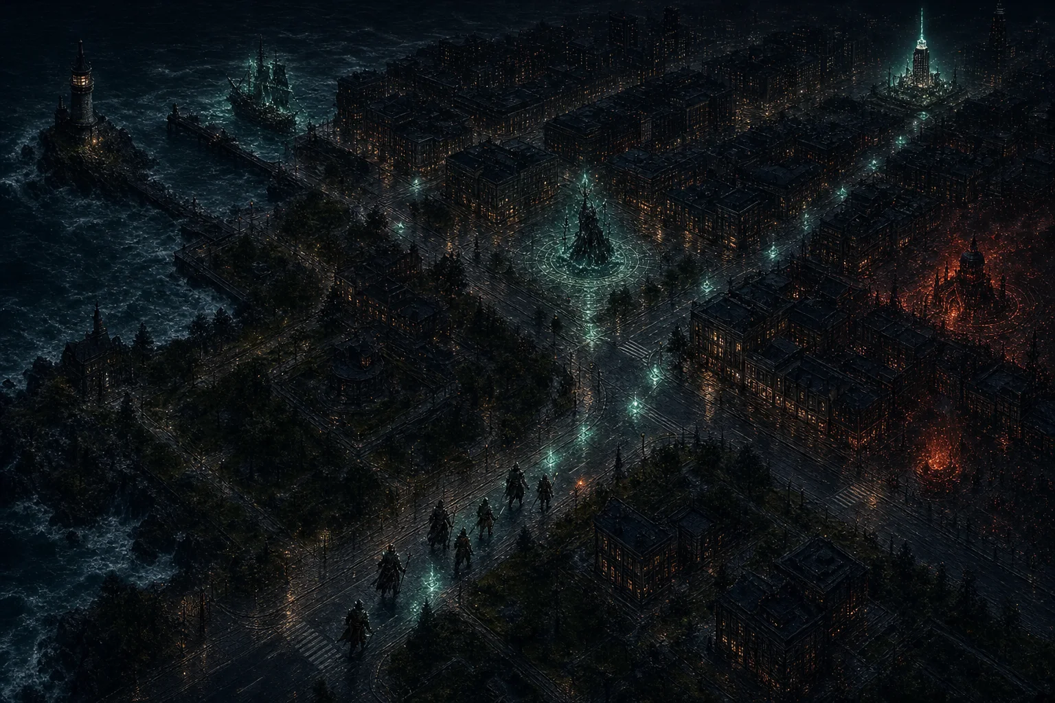 A dark-fantasy adventuring party follows a spectral route through a rain-soaked coastal city toward a server-controlled encounter