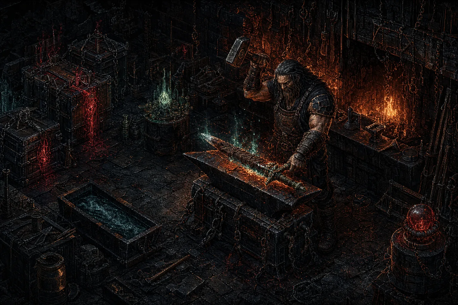 A specialist works over an unidentified weapon at a dark forge