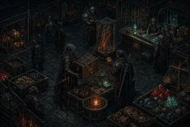 Players exchange sealed loot and crafted relics in a guarded underground market