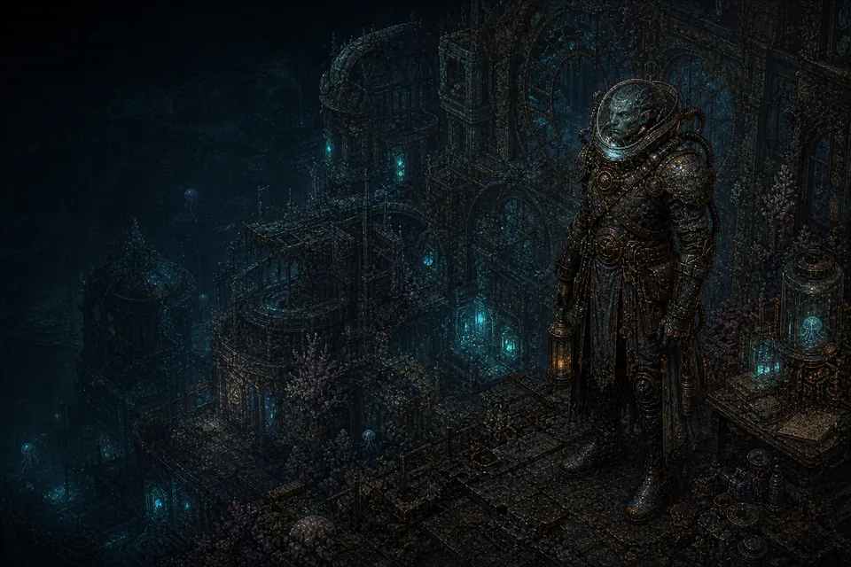 An adult Atlantean in life-support armour stands before the submerged research city of the working-origin Drowned Archive.