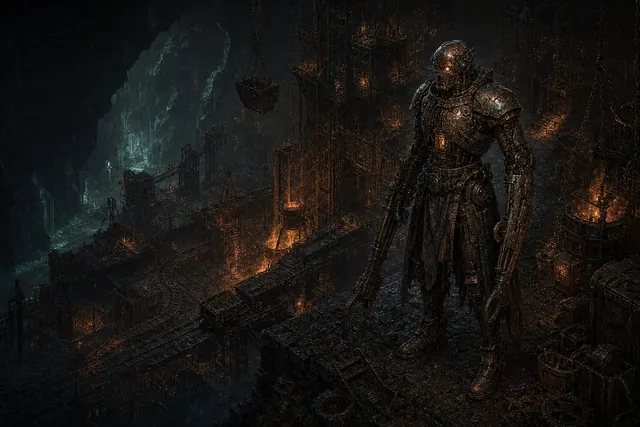 A towering copper Automaton stands inside the subterranean mines and foundries of the working-origin Copper Deeps.
