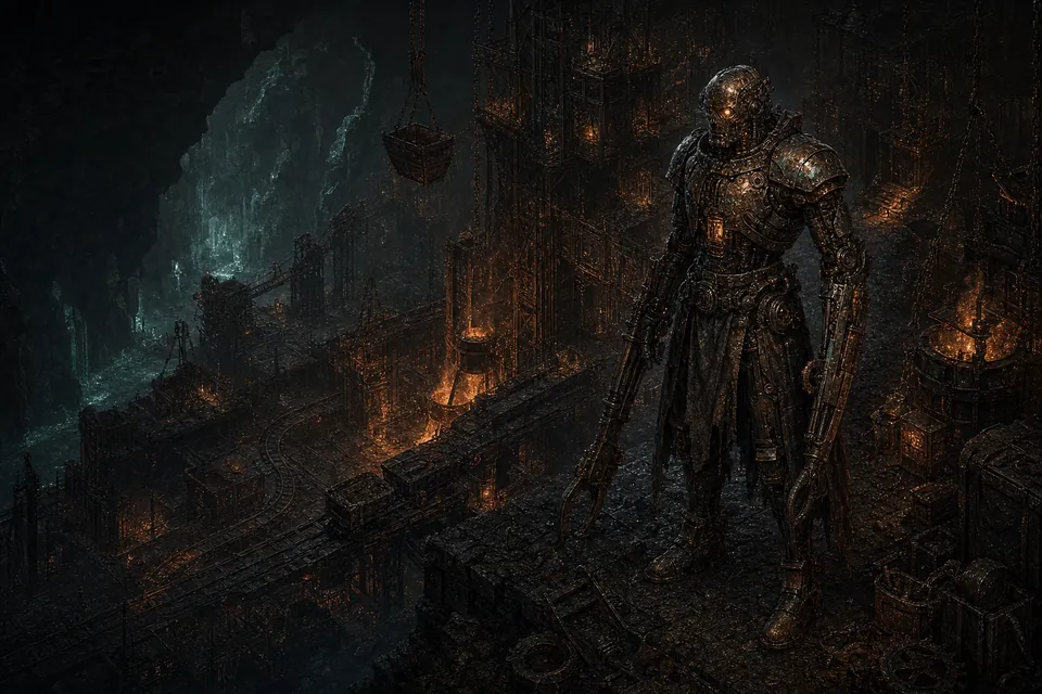 A towering copper Automaton stands inside the subterranean mines and foundries of the working-origin Copper Deeps.