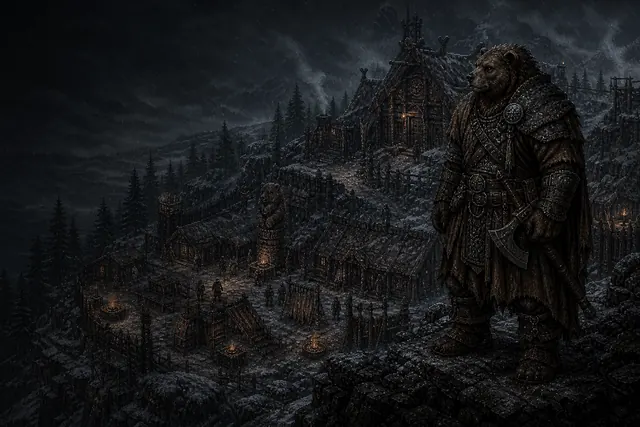 A massive adult Barbearian warrior guards the storm-beaten settlement of the working-origin Ashen Tundra Holds.