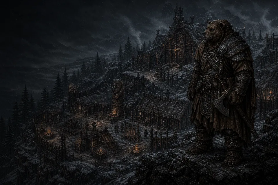 A massive adult Barbearian warrior guards the storm-beaten settlement of the working-origin Ashen Tundra Holds.