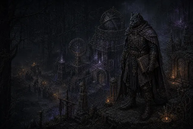 An adult Felinor occult wanderer approaches the forest observatory and catacombs of the working-origin Veiled Observatory.