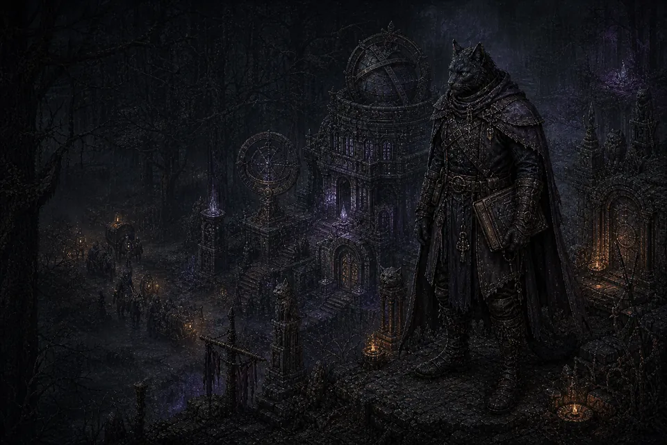 An adult Felinor occult wanderer approaches the forest observatory and catacombs of the working-origin Veiled Observatory.