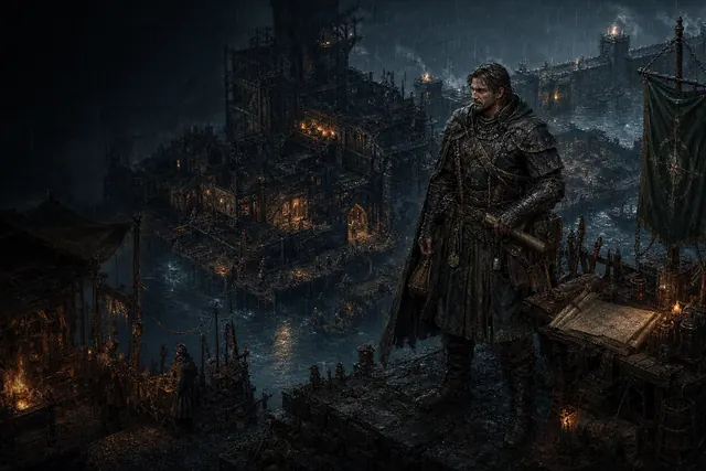 A battle-worn Human organizer overlooking the rain-dark fortified river settlement known in the working lore as the Rainbound Freeholds.