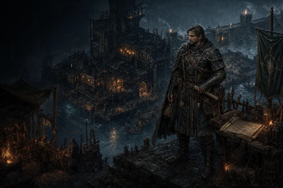 A battle-worn Human organizer overlooking the rain-dark fortified river settlement known in the working lore as the Rainbound Freeholds.