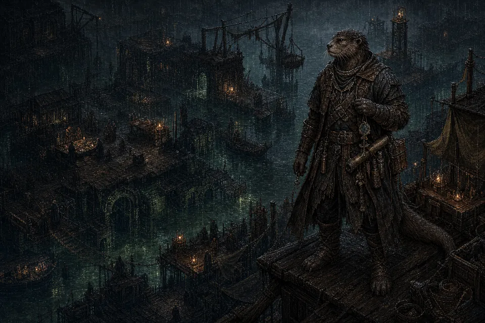 An adult Otterfolk negotiator and scout surveys the canal markets of the working-origin Sunken Delta Exchanges.