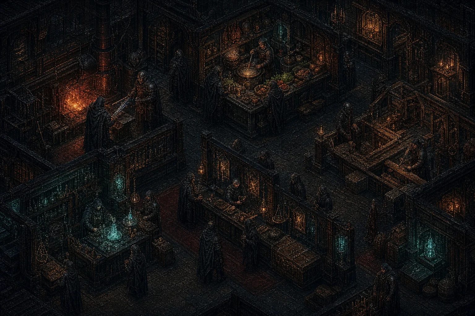 An interconnected dark-fantasy workshop district where blacksmiths, cooks, builders, enchanters, traders, and customers exchange specialist work