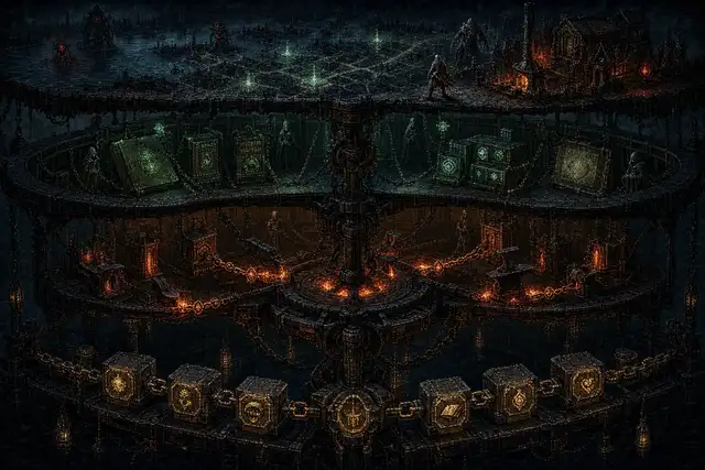 A dark mechanical cutaway representing NFTerra's mobile, game-cloud, geospatial, and blockchain technology