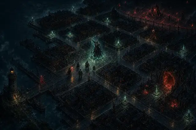 A dark fantasy encounter layered over a mapped coastal district